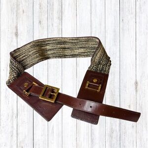 Tory Burch Brown Leather and Tweed Stretch Waist Belt with Gold Buckle Small